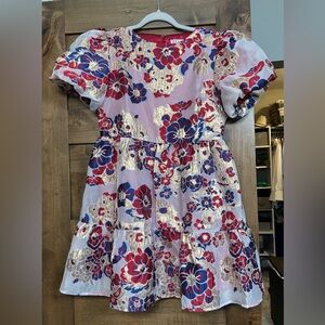 Floral Puff Sleeve Mini Dress - Pink, Red, Gold